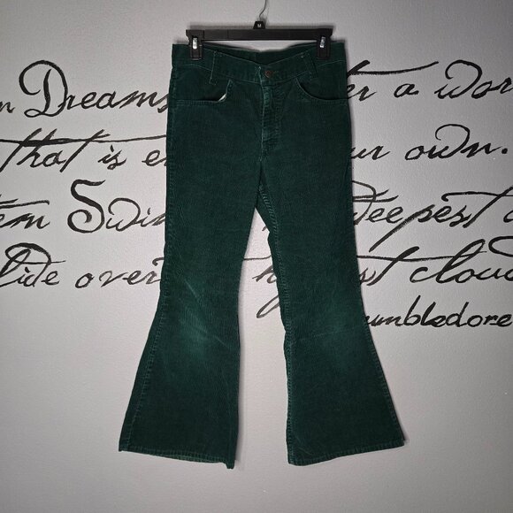 Vintage 70s Levi’s 646 GREEN Corduroy Flared Bell Bottoms Pants White Tag 30x27 - Picture 1 of 6